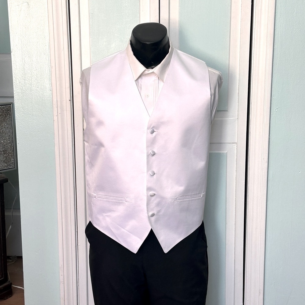 Classic White Luxury Satin Closed Back Vest Wedding Prom Men’s L Large Tall Long